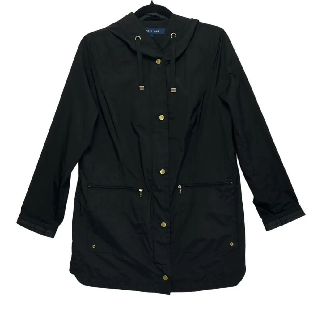 COLE HAAN Packable Rain Coat Light Weight Hooded Mid Length Jacket Small Black